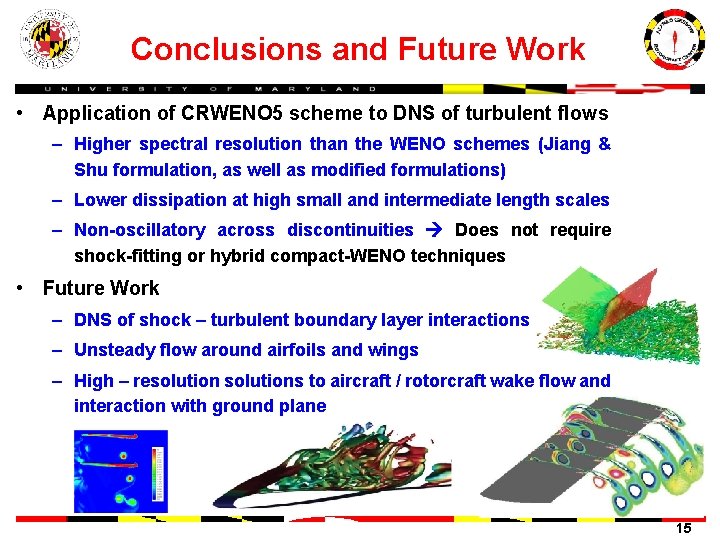 Conclusions and Future Work • Application of CRWENO 5 scheme to DNS of turbulent