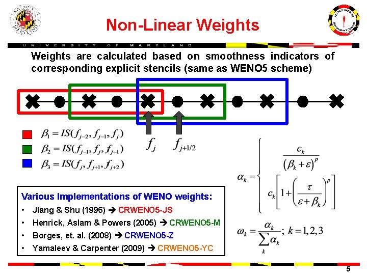 Non-Linear Weights are calculated based on smoothness indicators of corresponding explicit stencils (same as