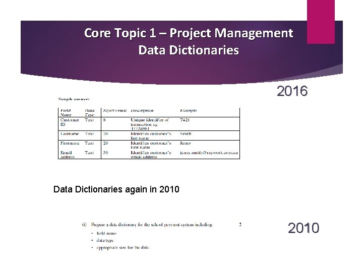 Core Topic 1 – Project Management Data Dictionaries 2016 Data Dictionaries again in 2010