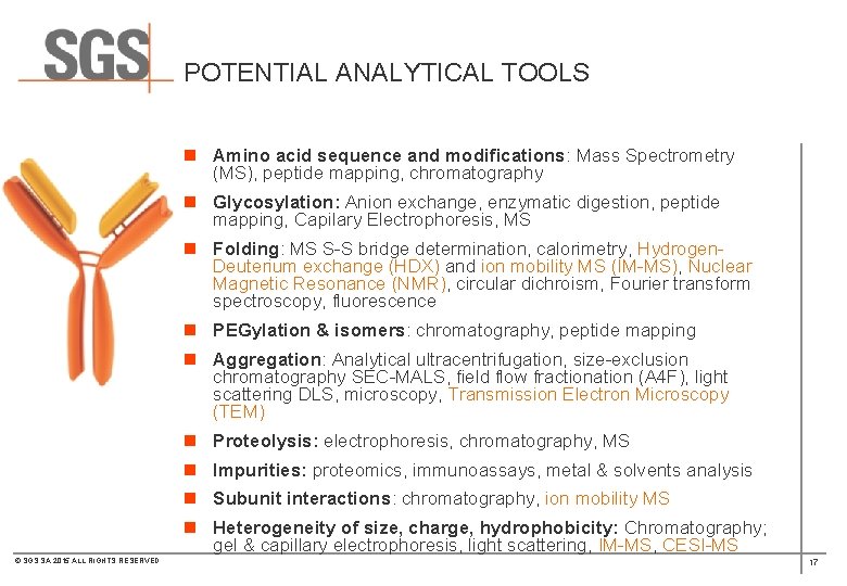 POTENTIAL ANALYTICAL TOOLS n Amino acid sequence and modifications: Mass Spectrometry (MS), peptide mapping,