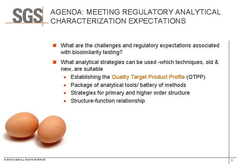 AGENDA: MEETING REGULATORY ANALYTICAL CHARACTERIZATION EXPECTATIONS n What are the challenges and regulatory expectations