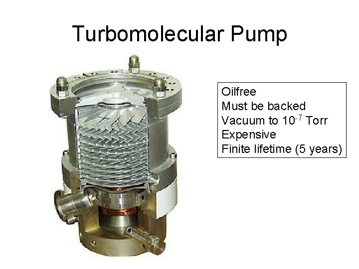 Turbomolecular Pump Oilfree Must be backed Vacuum to 10 -7 Torr Expensive Finite lifetime