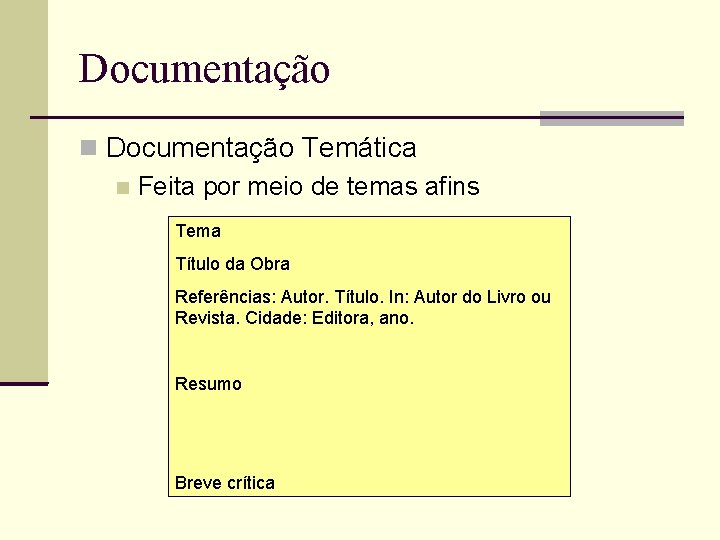 Documentação Temática Feita por meio de temas afins Tema Título da Obra Referências: Autor.