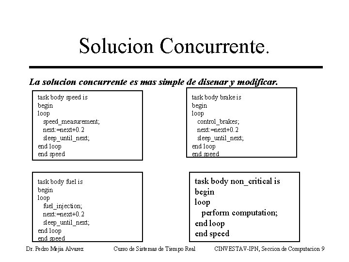 Solucion Concurrente. La solucion concurrente es mas simple de disenar y modificar. task body