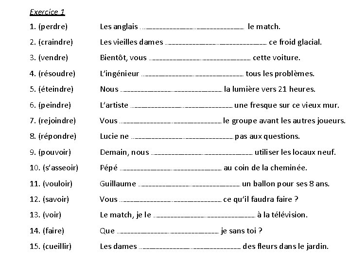 Exercice 1 1. (perdre) Les anglais. . …………………. le match. 2. (craindre) Les vieilles