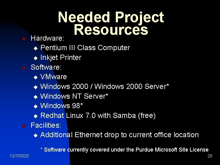 n Needed Project Resources Hardware: Pentium III Class Computer u Inkjet Printer Software: u