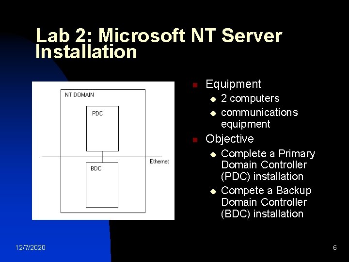 Lab 2: Microsoft NT Server Installation n Equipment u u n Objective u u