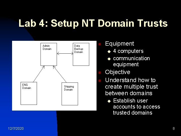 Lab 4: Setup NT Domain Trusts n Equipment u u n n Objective Understand