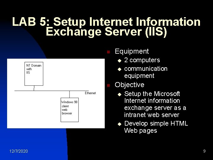 LAB 5: Setup Internet Information Exchange Server (IIS) n Equipment u u n Objective