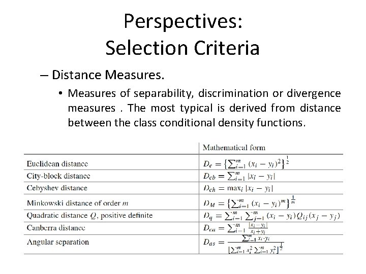 Perspectives: Selection Criteria – Distance Measures. • Measures of separability, discrimination or divergence measures.