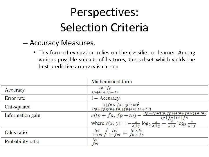 Perspectives: Selection Criteria – Accuracy Measures. • This form of evaluation relies on the