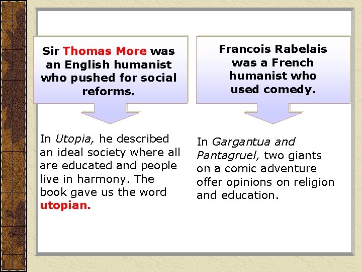 Sir Thomas More was an English humanist who pushed for social reforms. In Utopia, Sir Thomas More was an English humanist who pushed for social reforms. In Utopia,