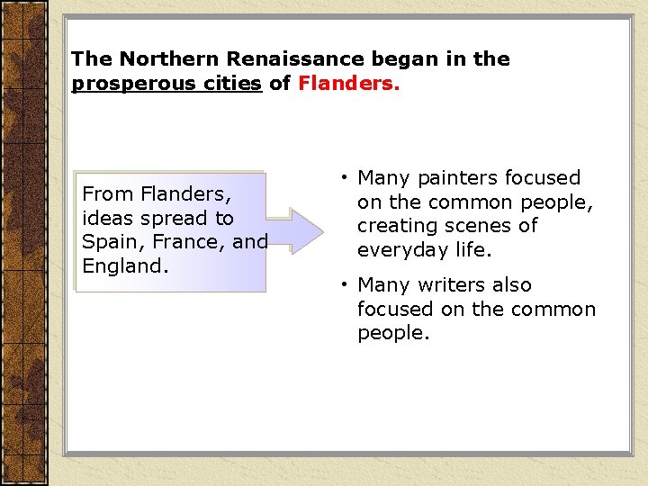 The Northern Renaissance began in the prosperous cities of Flanders. From Flanders, ideas spread The Northern Renaissance began in the prosperous cities of Flanders. From Flanders, ideas spread