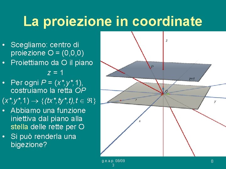 La proiezione in coordinate • Scegliamo: centro di proiezione O = (0, 0, 0)