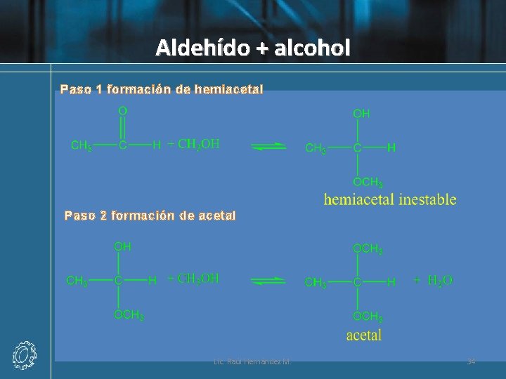 Aldehído + alcohol Paso 1 formación de hemiacetal Paso 2 formación de acetal Lic.