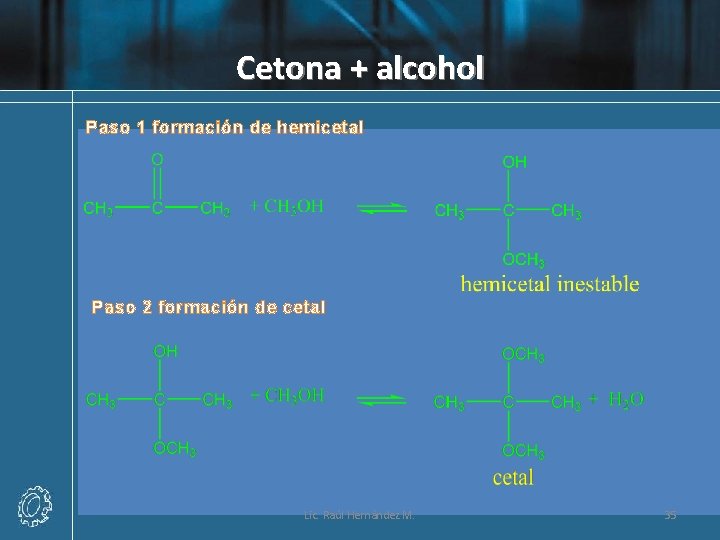 Cetona + alcohol Paso 1 formación de hemicetal Paso 2 formación de cetal Lic.