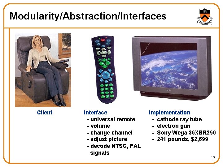 Modularity/Abstraction/Interfaces Client Interface - universal remote - volume - change channel - adjust picture Modularity/Abstraction/Interfaces Client Interface - universal remote - volume - change channel - adjust picture