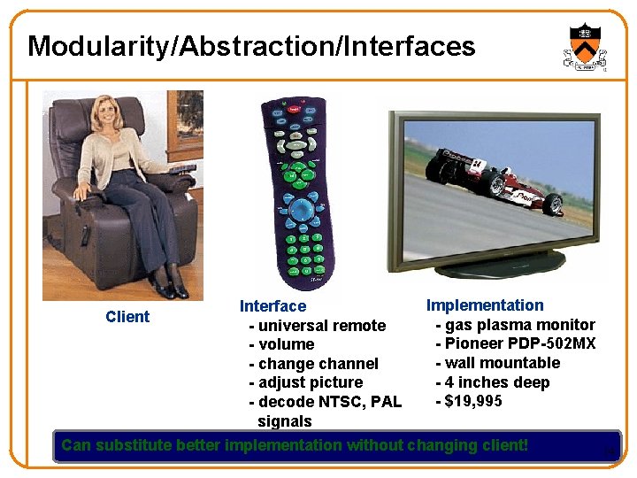 Modularity/Abstraction/Interfaces Client Interface - universal remote - volume - change channel - adjust picture Modularity/Abstraction/Interfaces Client Interface - universal remote - volume - change channel - adjust picture