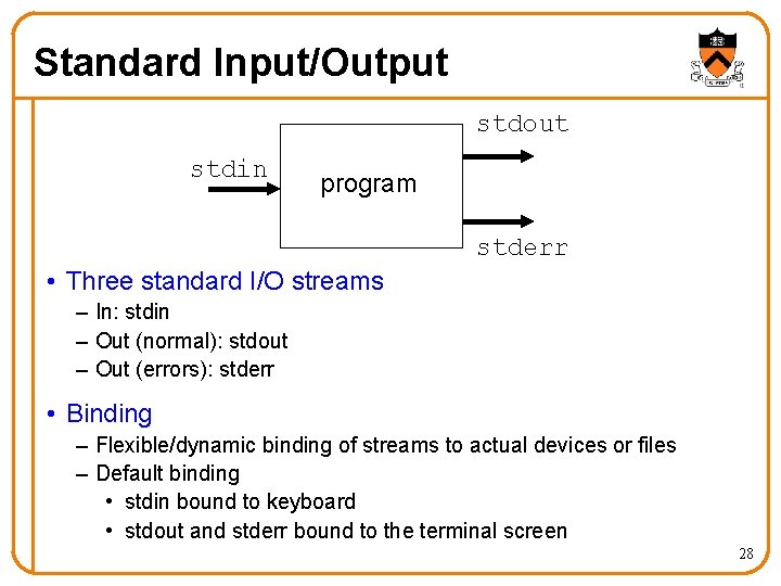 Standard Input/Output stdout stdin program stderr • Three standard I/O streams – In: stdin Standard Input/Output stdout stdin program stderr • Three standard I/O streams – In: stdin