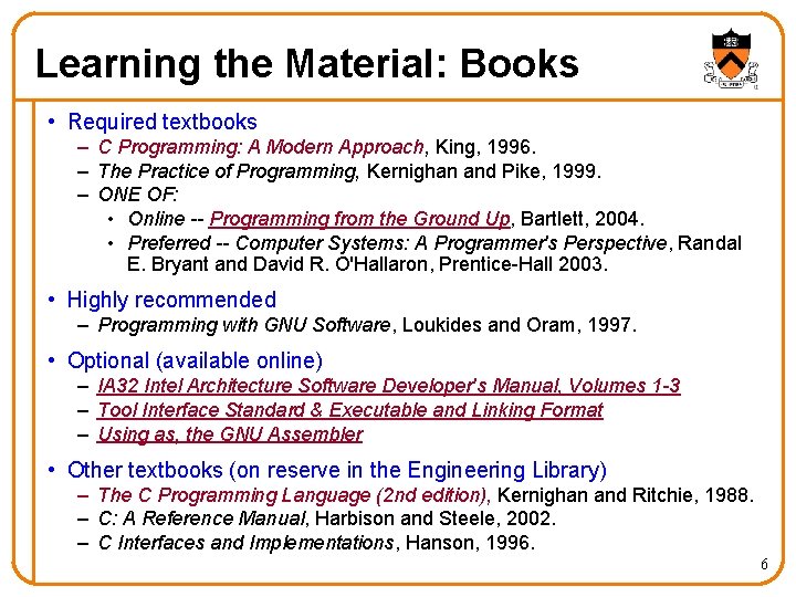 Learning the Material: Books • Required textbooks – C Programming: A Modern Approach, King, Learning the Material: Books • Required textbooks – C Programming: A Modern Approach, King,