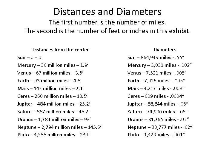 Distances and Diameters The first number is the number of miles. The second is