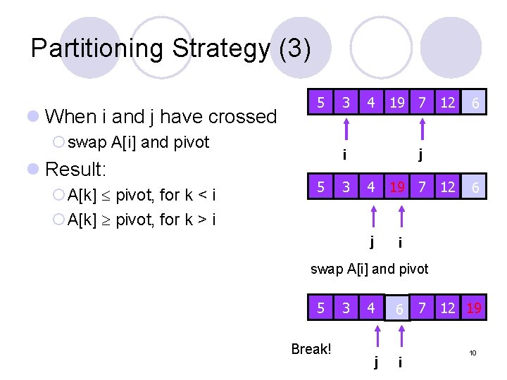 Partitioning Strategy (3) l When i and j have crossed 5 ¡swap A[i] and