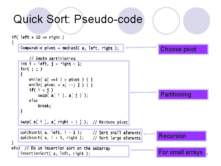 Quick Sort: Pseudo-code Choose pivot Partitioning Recursion For small arrays 18 