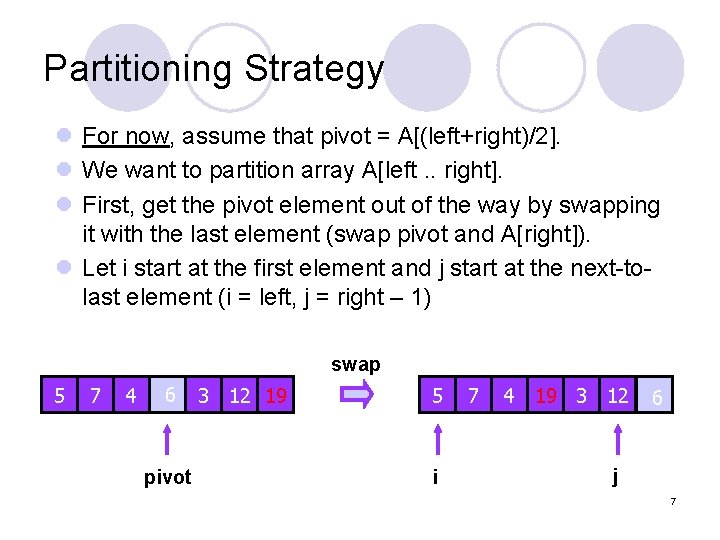 Partitioning Strategy l For now, assume that pivot = A[(left+right)/2]. l We want to