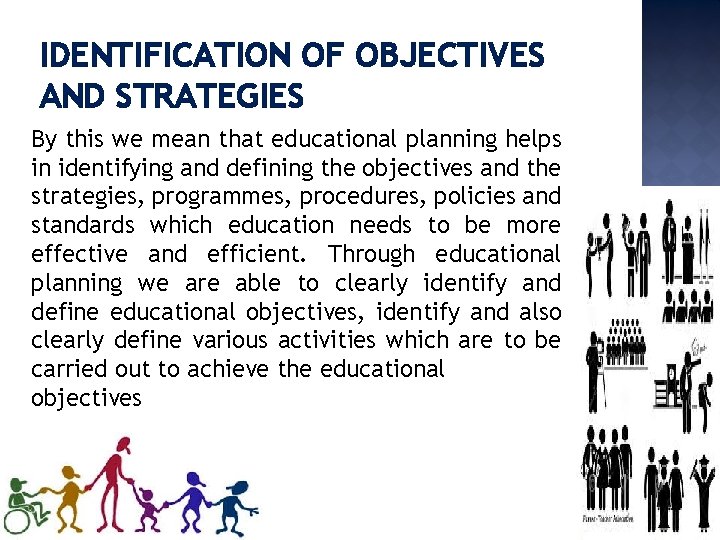 IDENTIFICATION OF OBJECTIVES AND STRATEGIES By this we mean that educational planning helps in