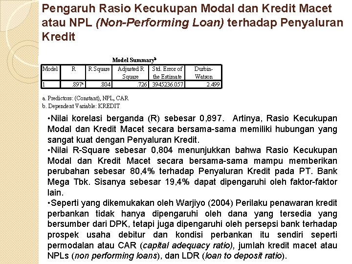 Pengaruh Rasio Kecukupan Modal dan Kredit Macet atau NPL (Non-Performing Loan) terhadap Penyaluran Kredit