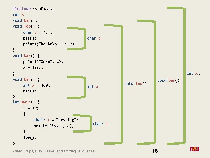 #include <stdio. h> int x; void bar(); void foo() { char c = 'c';