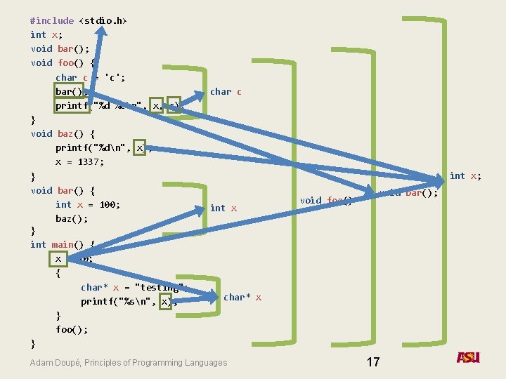 #include <stdio. h> int x; void bar(); void foo() { char c = 'c';