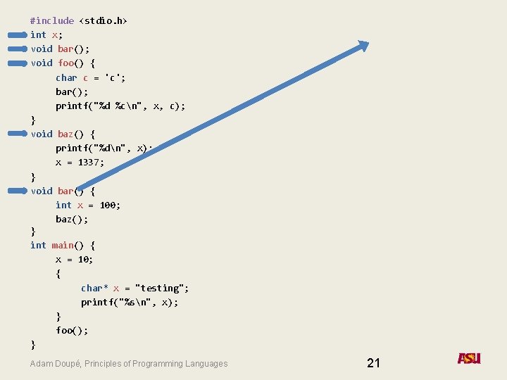 #include <stdio. h> int x; void bar(); void foo() { char c = 'c';