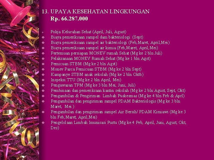 13. UPAYA KESEHATAN LINGKUNGAN Rp. 66. 287. 000 v v v v Pokja Kelurahan