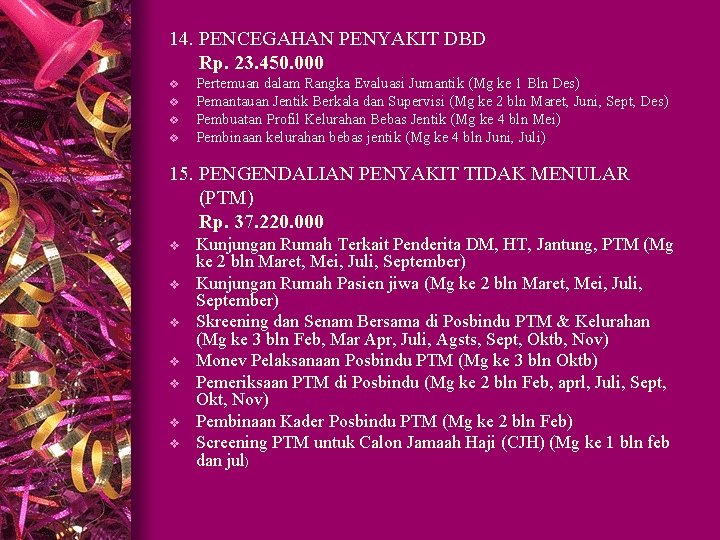 14. PENCEGAHAN PENYAKIT DBD Rp. 23. 450. 000 v v Pertemuan dalam Rangka Evaluasi