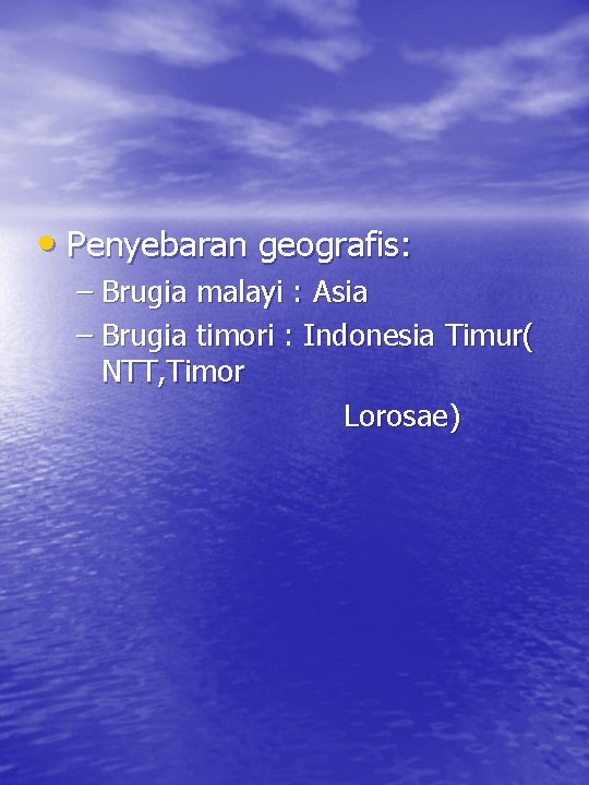  • Penyebaran geografis: – Brugia malayi : Asia – Brugia timori : Indonesia