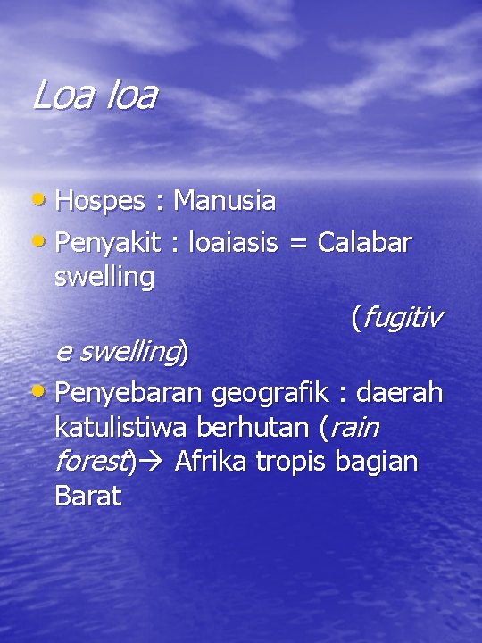 Loa loa • Hospes : Manusia • Penyakit : loaiasis = Calabar swelling e