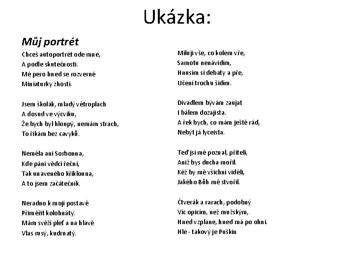 Ukázka: Můj portrét Chceš autoportrét ode mne, A podle skutečnosti. Mé pero hned se