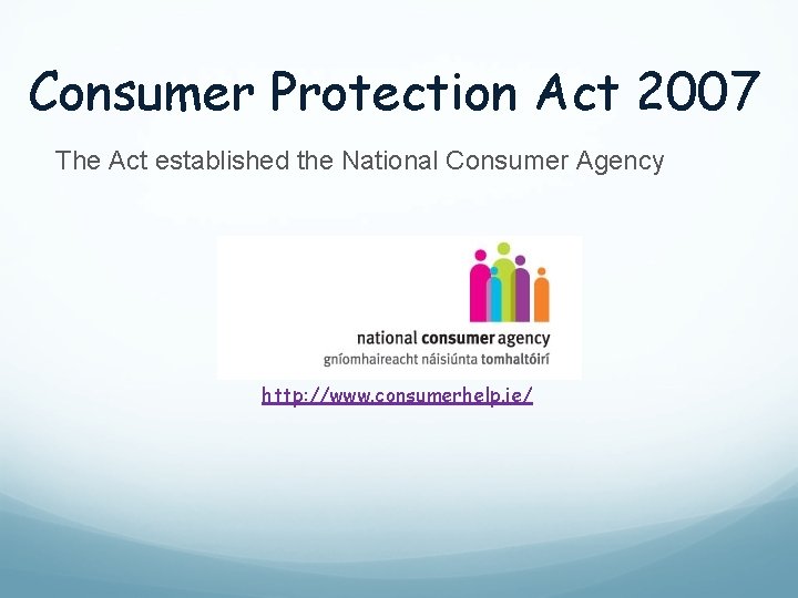 Consumer Protection Act 2007 The Act established the National Consumer Agency http: //www. consumerhelp.