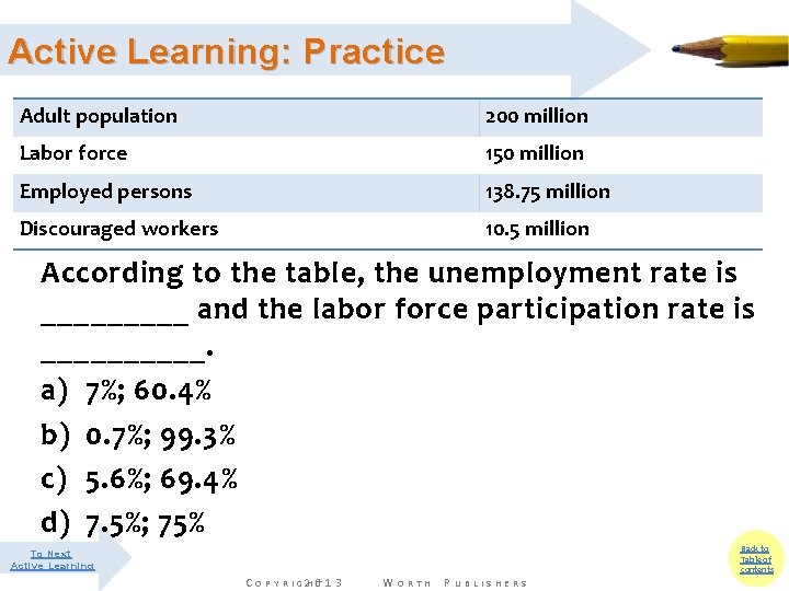 Active Learning: Practice Adult population 200 million Labor force 150 million Employed persons 138.