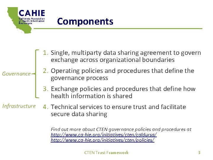 Components Governance Infrastructure 1. Single, multiparty data sharing agreement to govern exchange across organizational