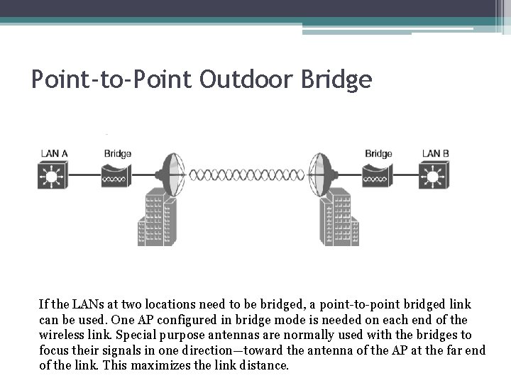 Point-to-Point Outdoor Bridge If the LANs at two locations need to be bridged, a