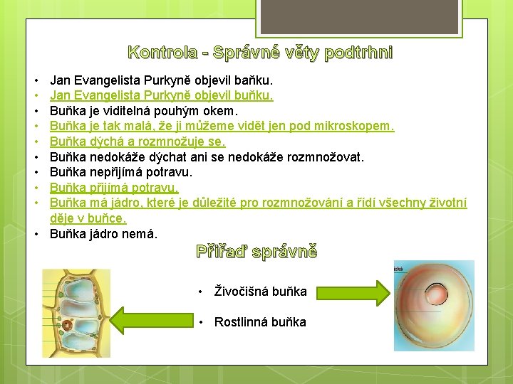 Kontrola - Správné věty podtrhni • • • Jan Evangelista Purkyně objevil baňku. Jan