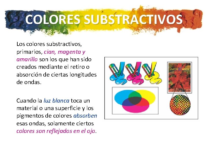 COLORES SUBSTRACTIVOS Los colores substractivos, primarios, cian, magenta y amarillo son los que han