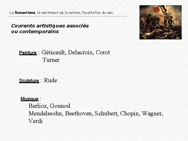 Le Romantisme, le sentiment de la nature, l’exaltation du moi. Courants artistiques associés ou