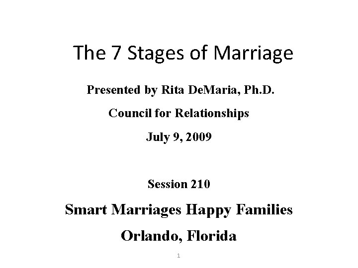 The 7 Stages of Marriage Presented by Rita De. Maria, Ph. D. Council for