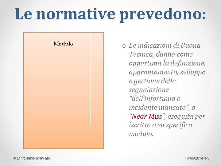 Le normative prevedono: Modulo L'infortunio mancato o Le indicazioni di Buona Tecnica, danno come