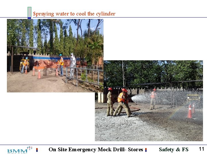 Spraying water to cool the cylinder On Site Emergency Mock Drill- Stores Safety &