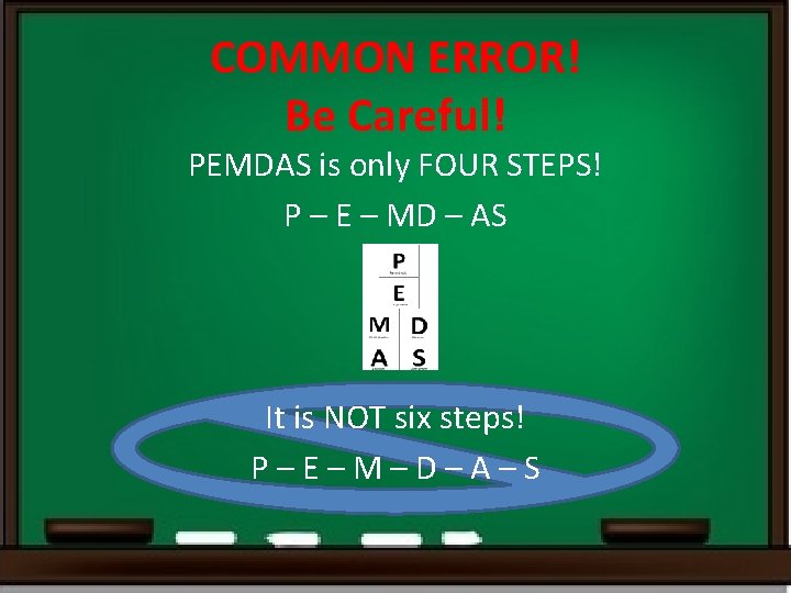 COMMON ERROR! Be Careful! PEMDAS is only FOUR STEPS! P – E – MD