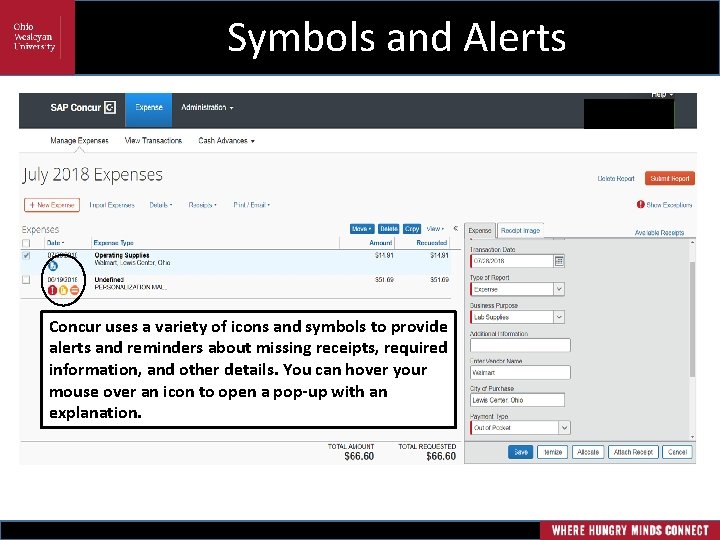 Symbols and Alerts Concur uses a variety of icons and symbols to provide alerts